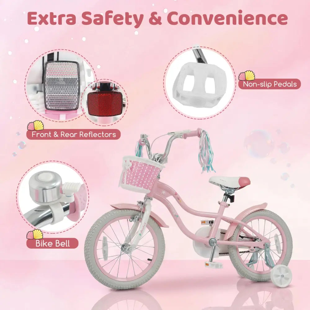 16 Inch Kids Bike Adjustable with Basket and Streamers for Girls Aged 4-7 Years Old Pink - Pink - Kids Bike