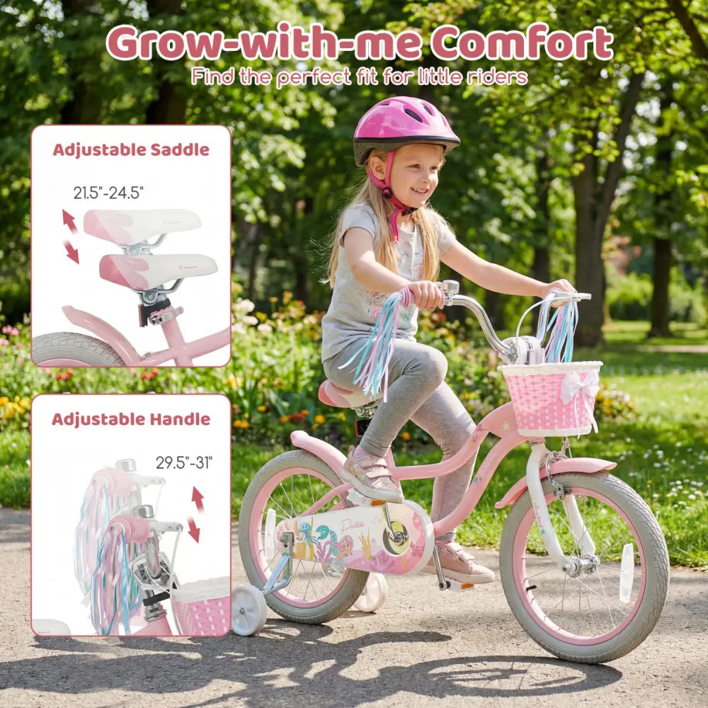 16 Inch Kids Bike Adjustable with Basket and Streamers for Girls Aged 4-7 Years Old Pink - Pink - Kids Bike