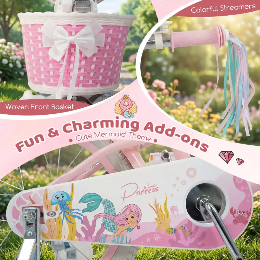 16 Inch Kids Bike Adjustable with Basket and Streamers for Girls Aged 4-7 Years Old Pink - Pink - Kids Bike