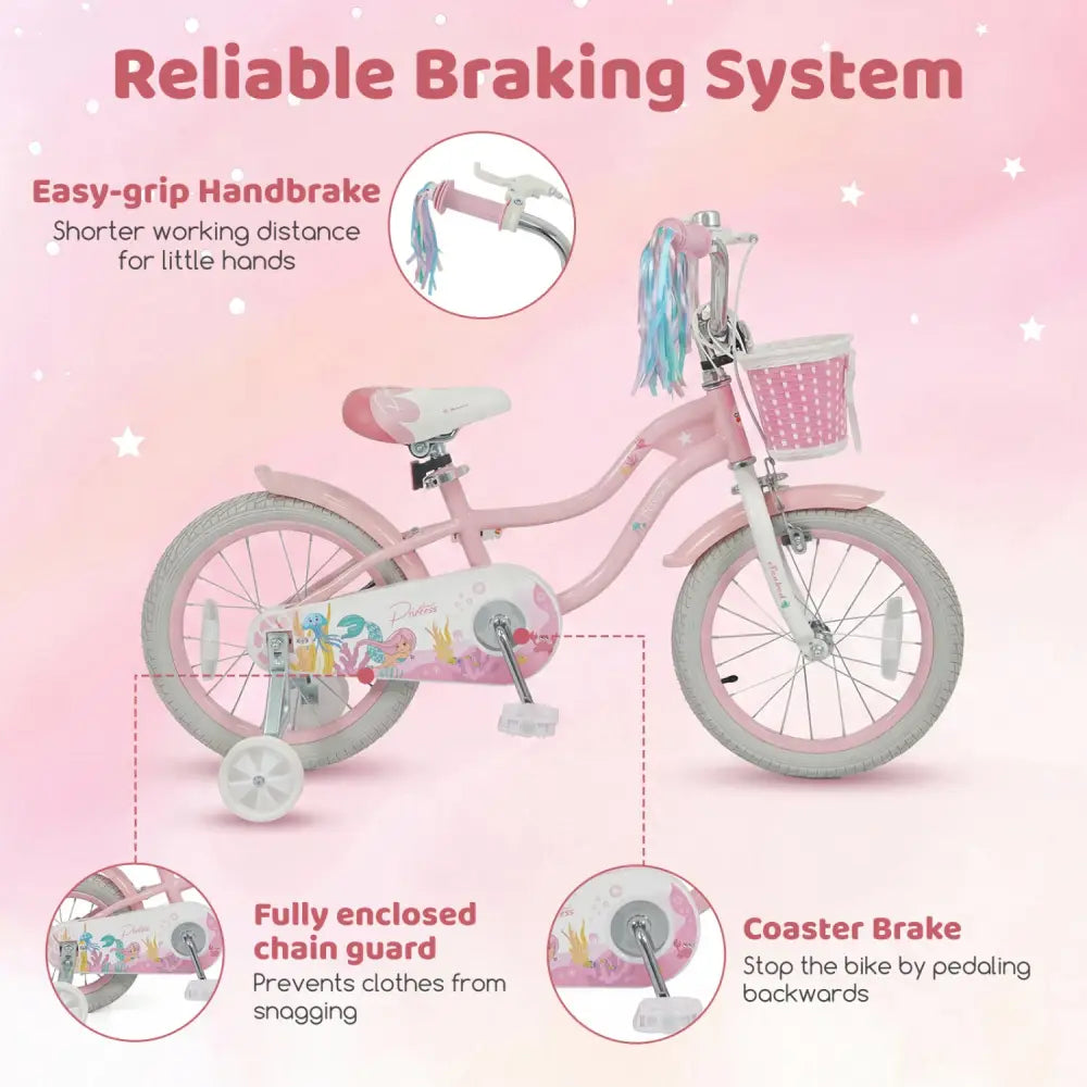 16 Inch Kids Bike Adjustable with Basket and Streamers for Girls Aged 4-7 Years Old Pink - Pink - Kids Bike