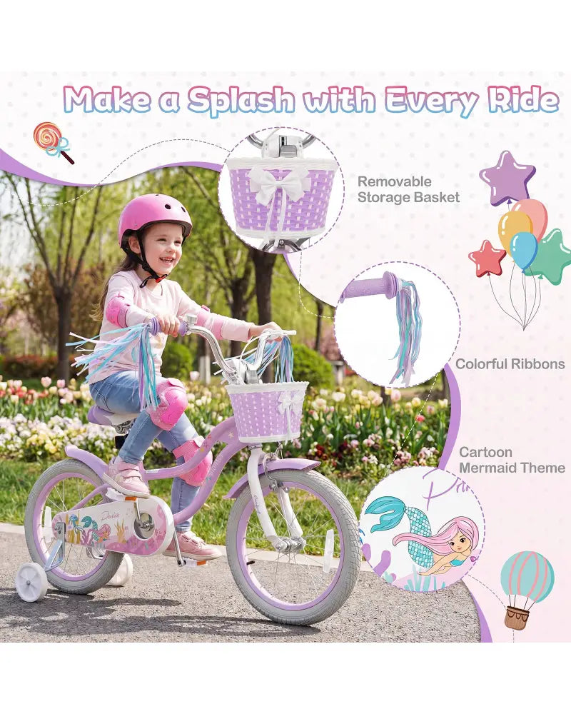 16 Inch Kids Bike Adjustable with Basket and Streamers Purple - Princess of the Sea Theme - Purple - Kids Bike