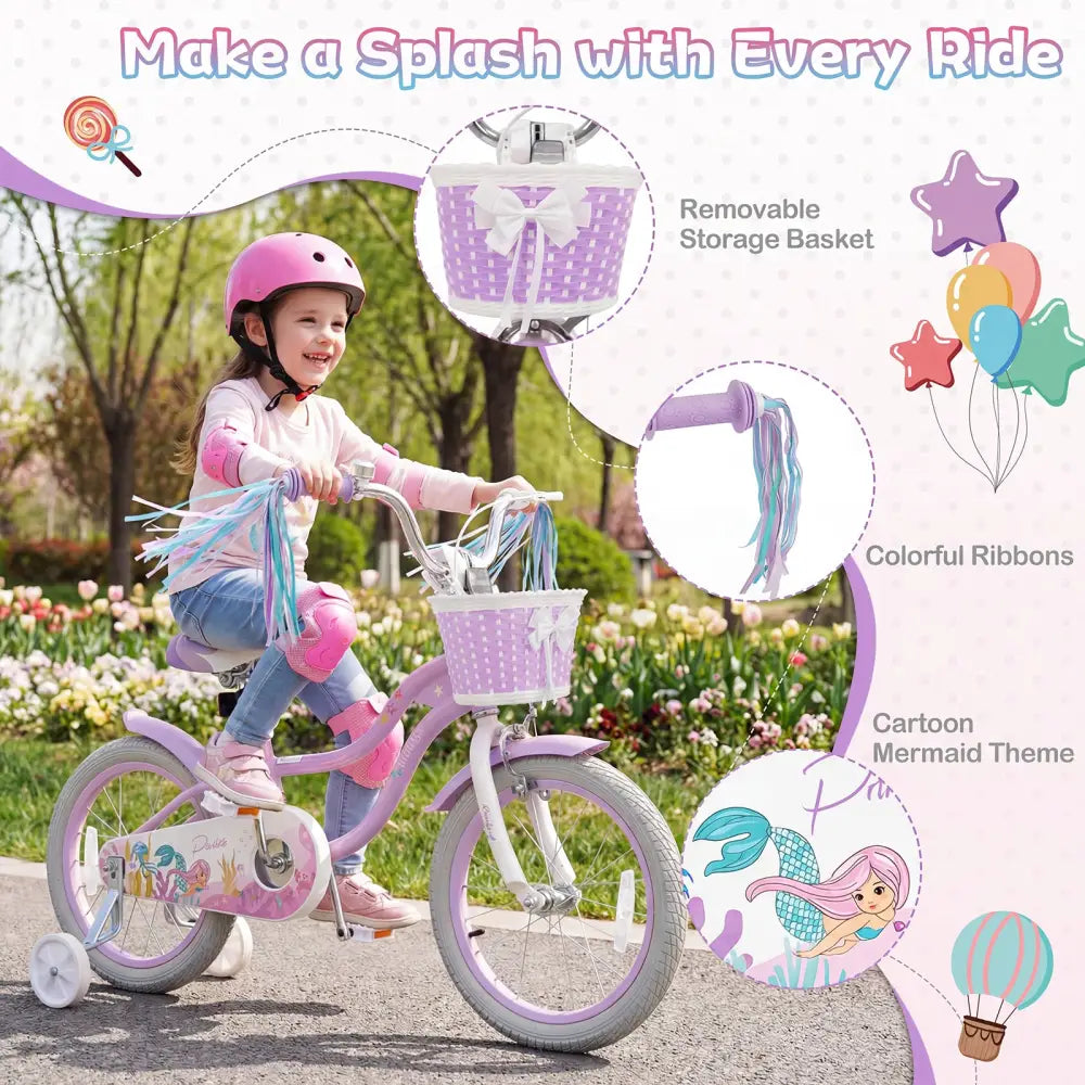 16 Inch Kids Bike Adjustable with Basket and Streamers Purple - Princess of the Sea Theme - Purple - Kids Bike