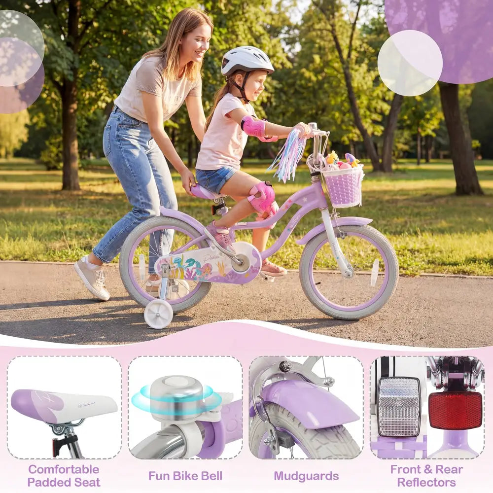 16 Inch Kids Bike Adjustable with Basket and Streamers Purple - Princess of the Sea Theme - Purple - Kids Bike