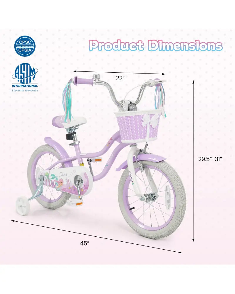 16 Inch Kids Bike Adjustable with Basket and Streamers Purple - Princess of the Sea Theme - Purple - Kids Bike