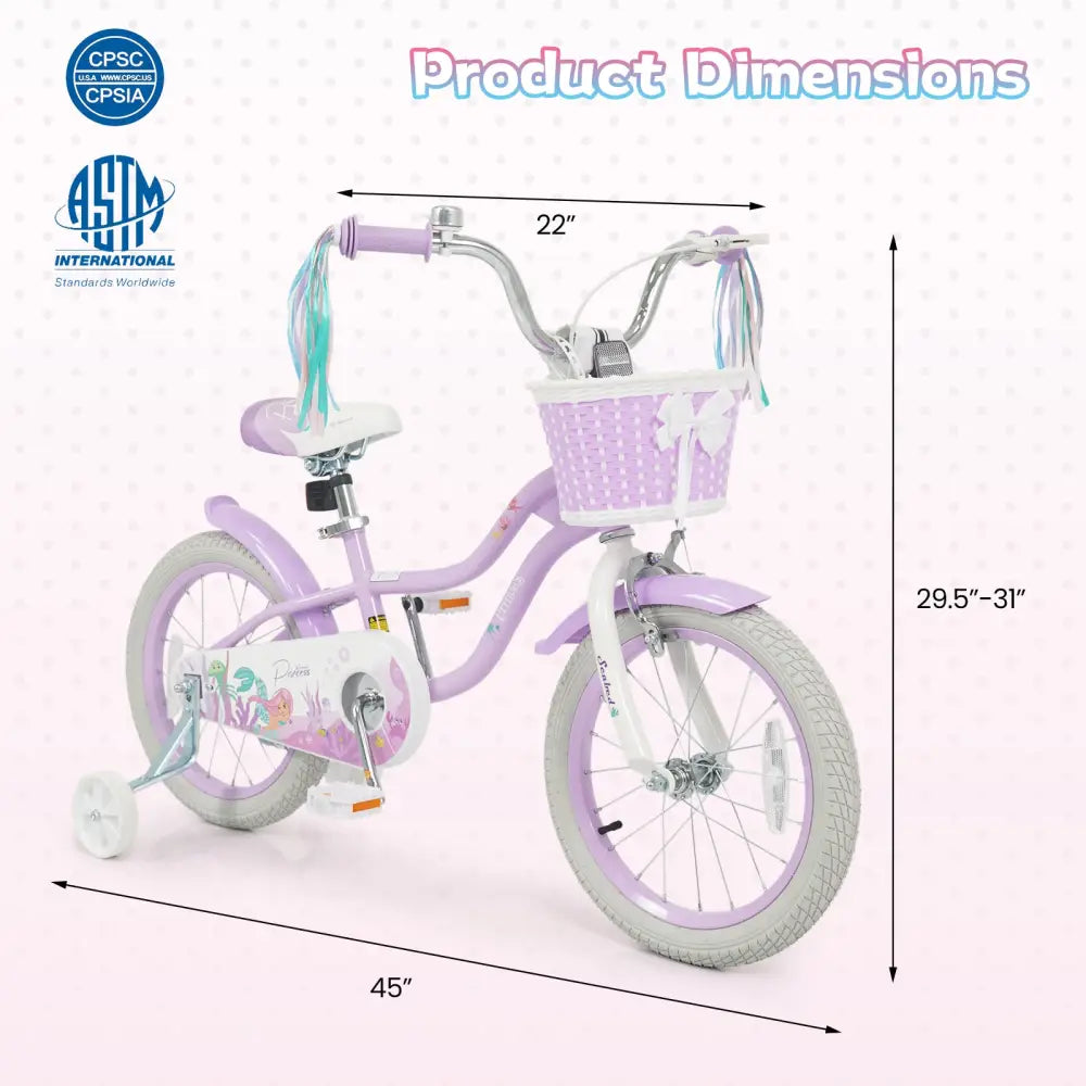 16 Inch Kids Bike Adjustable with Basket and Streamers Purple - Princess of the Sea Theme - Purple - Kids Bike