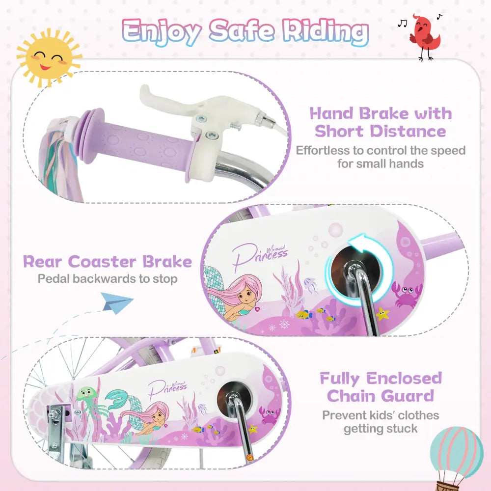 16 Inch Kids Bike Adjustable with Basket and Streamers Purple - Princess of the Sea Theme - Purple - Kids Bike