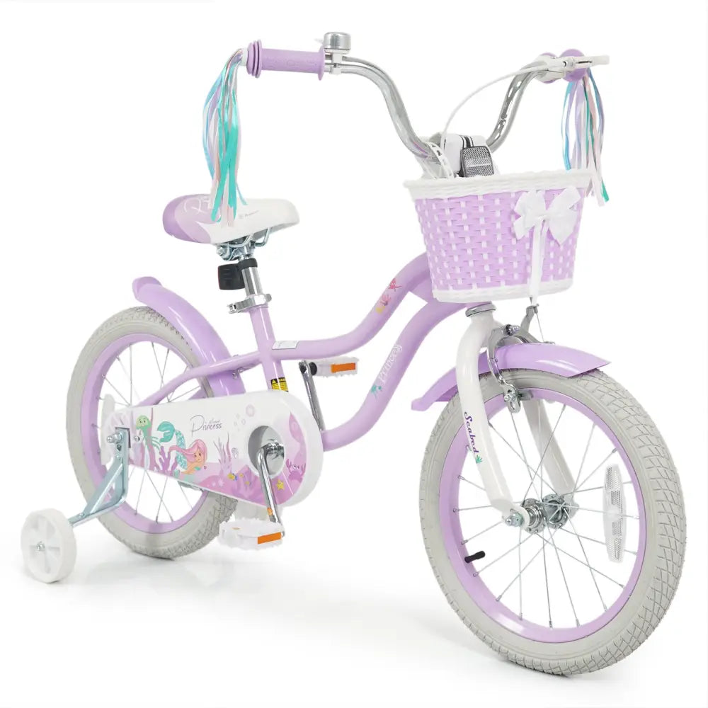 16 Inch Kids Bike Adjustable with Basket and Streamers Purple - Princess of the Sea Theme - Purple - Kids Bike