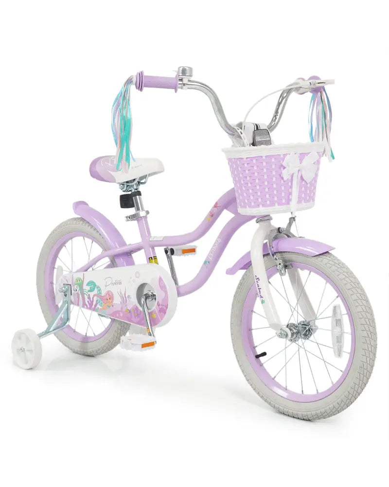 16 Inch Kids Bike Adjustable with Basket and Streamers Purple - Princess of the Sea Theme - Purple - Kids Bike