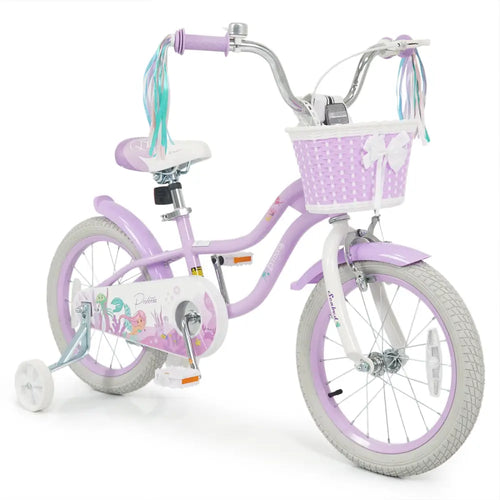16 Inch Kids Bike Adjustable with Basket and Streamers Purple - Princess of the Sea Theme - Purple - Kids Bike