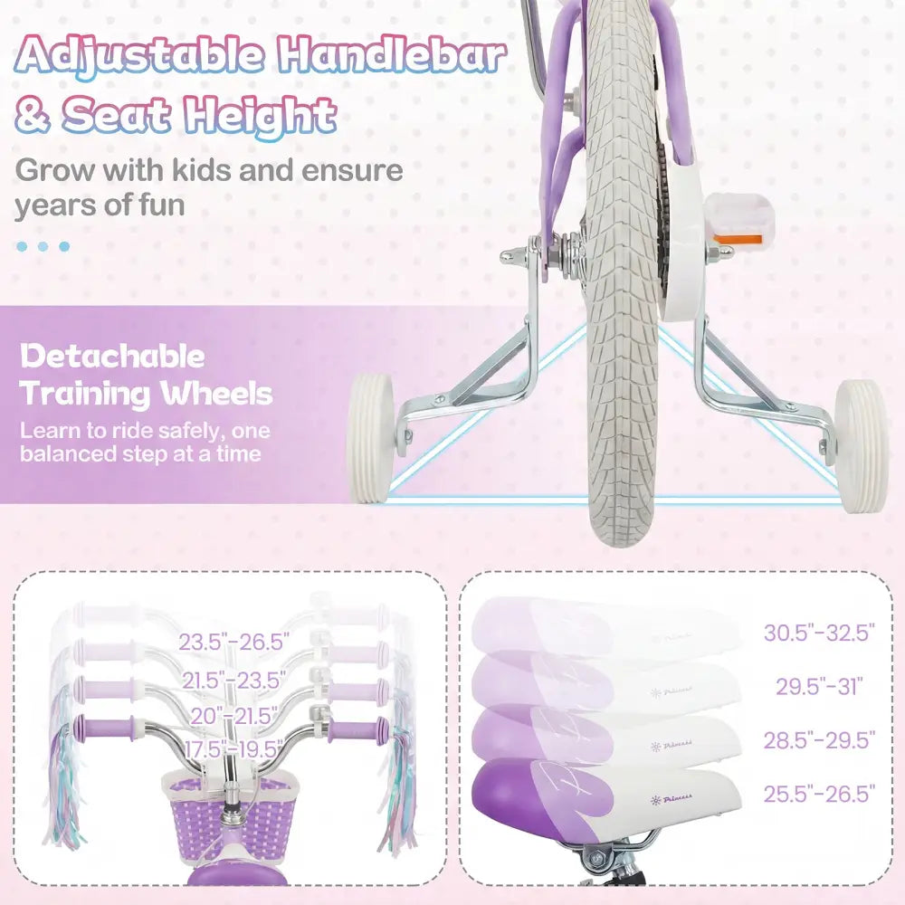 16 Inch Kids Bike Adjustable with Basket and Streamers Purple - Princess of the Sea Theme - Purple - Kids Bike