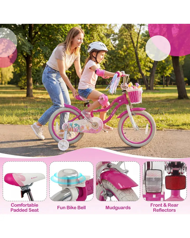 16-Inch Kids Bike Adjustable with Basket and Streamers Rose Red - Princess of the Sea Theme - Rose Red - Kids Bike