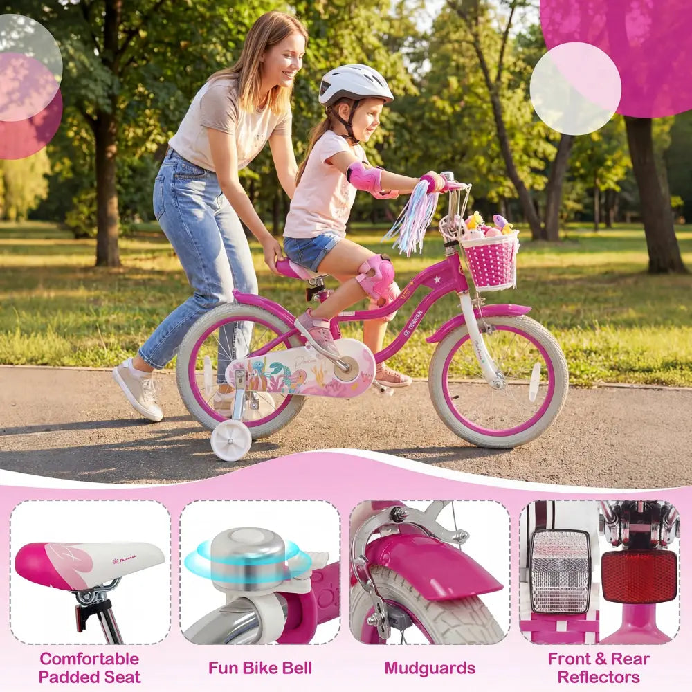 16-Inch Kids Bike Adjustable with Basket and Streamers Rose Red - Princess of the Sea Theme - Rose Red - Kids Bike