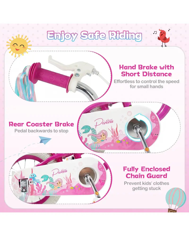 16-Inch Kids Bike Adjustable with Basket and Streamers Rose Red - Princess of the Sea Theme - Rose Red - Kids Bike