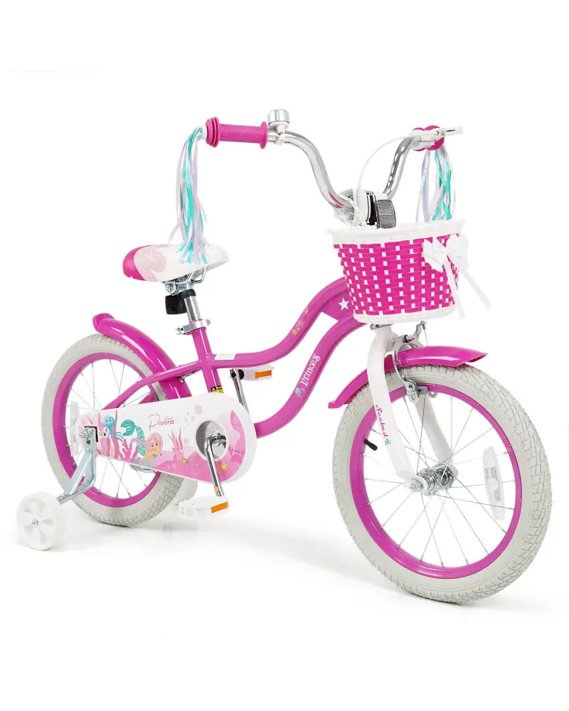 16-Inch Kids Bike Adjustable with Basket and Streamers Rose Red - Princess of the Sea Theme - Rose Red - Kids Bike