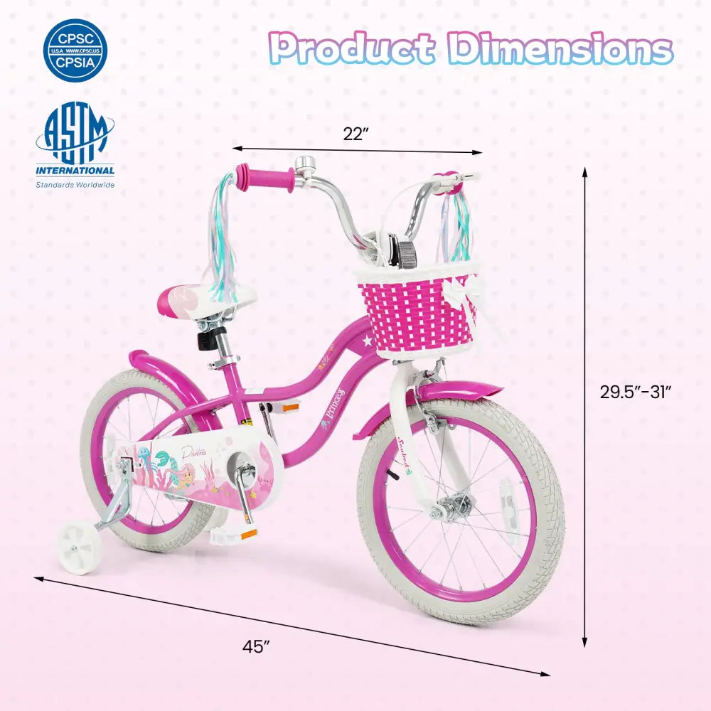 16-Inch Kids Bike Adjustable with Basket and Streamers Rose Red - Princess of the Sea Theme - Rose Red - Kids Bike