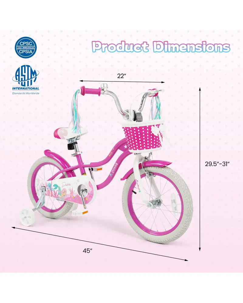 16-Inch Kids Bike Adjustable with Basket and Streamers Rose Red - Princess of the Sea Theme - Rose Red - Kids Bike