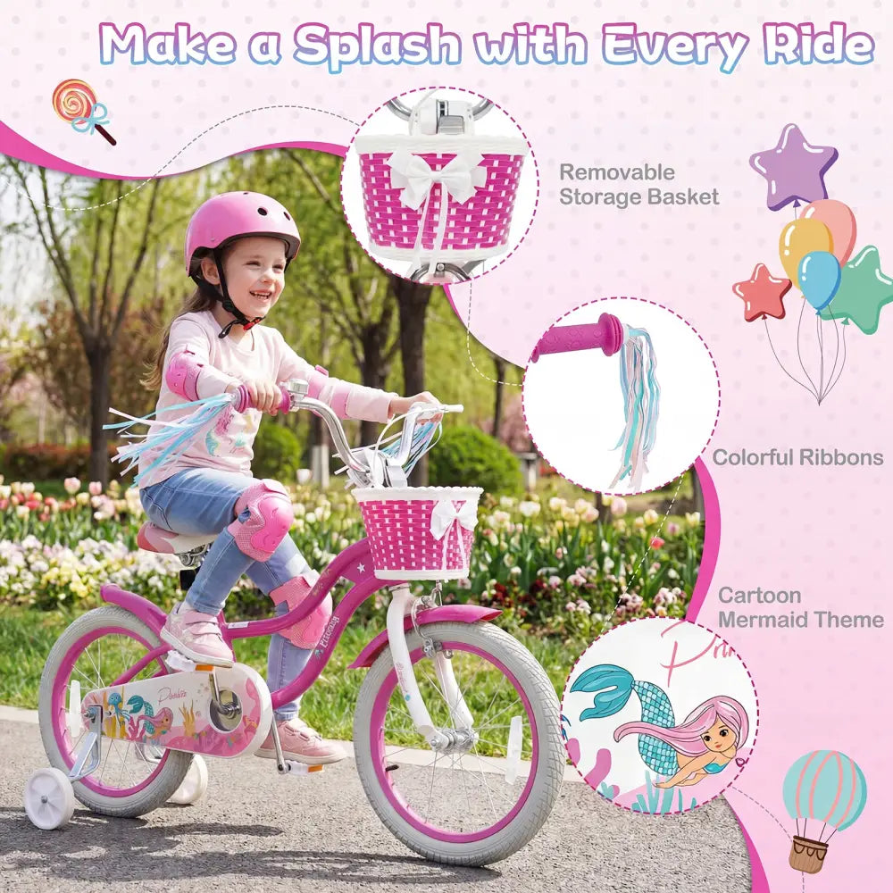 16-Inch Kids Bike Adjustable with Basket and Streamers Rose Red - Princess of the Sea Theme - Rose Red - Kids Bike