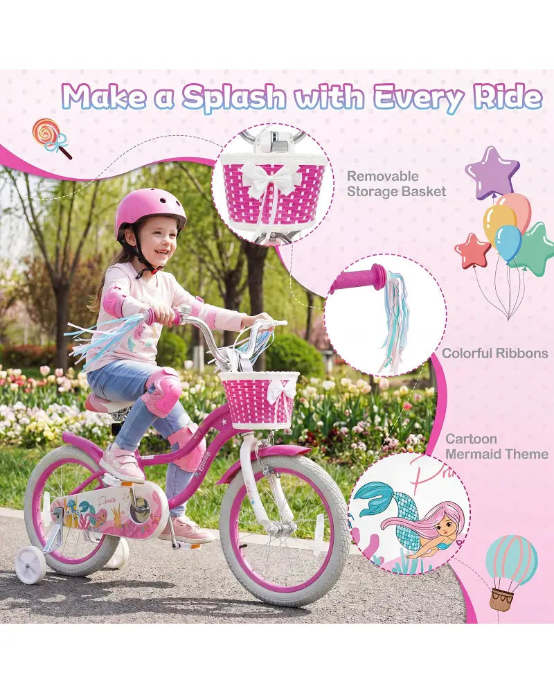 16-Inch Kids Bike Adjustable with Basket and Streamers Rose Red - Princess of the Sea Theme - Rose Red - Kids Bike