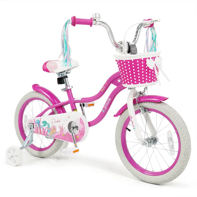 16-Inch Kids Bike Adjustable with Basket and Streamers Rose Red - Princess of the Sea Theme - Rose Red - Kids Bike