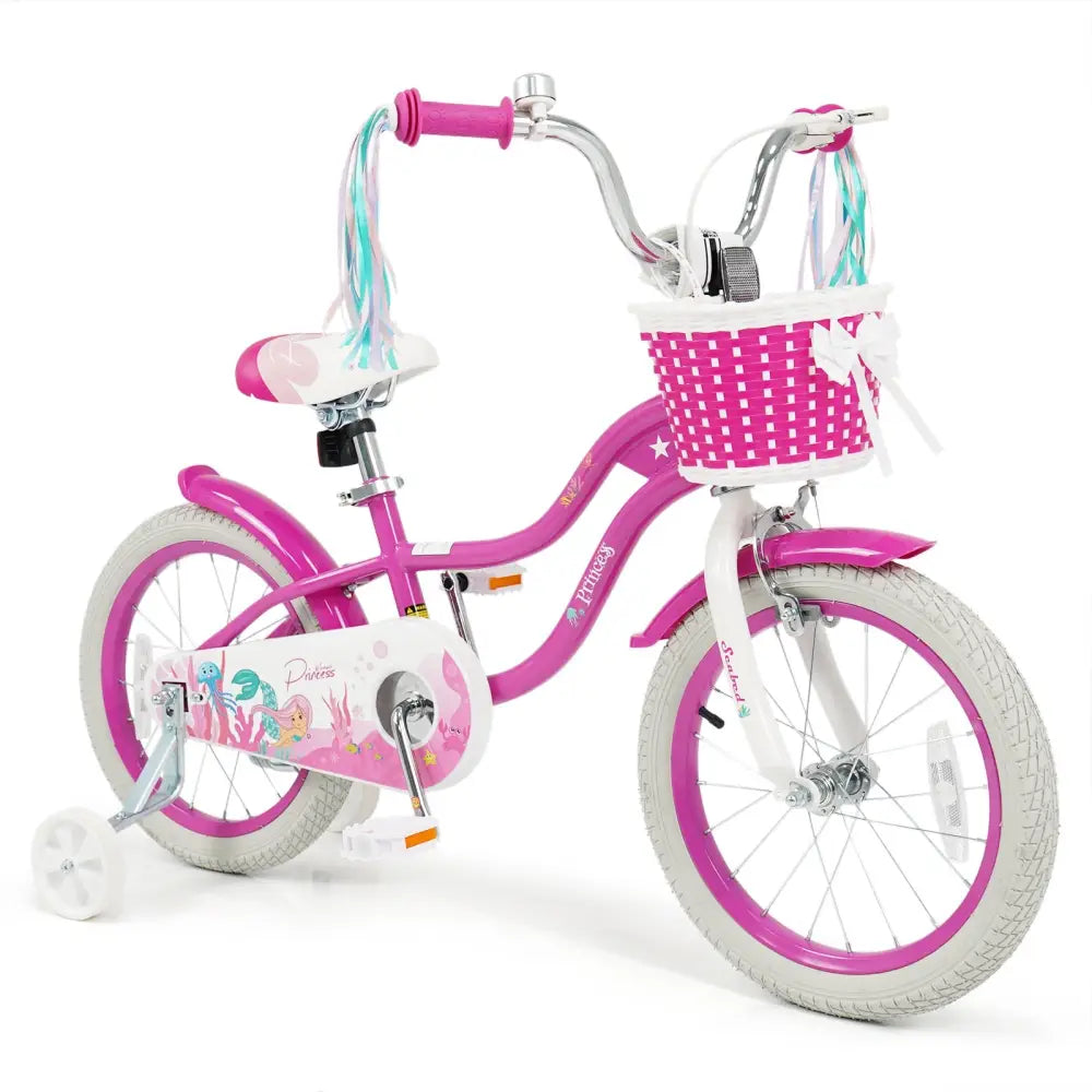 16-Inch Kids Bike Adjustable with Basket and Streamers Rose Red - Princess of the Sea Theme - Rose Red - Kids Bike