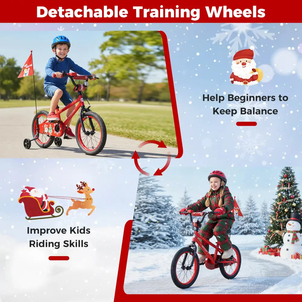 16 Inch Kids Bike Adjustable with Christmas Music & Flag for Aged 4-7 Years Old - Red - Kids Bike