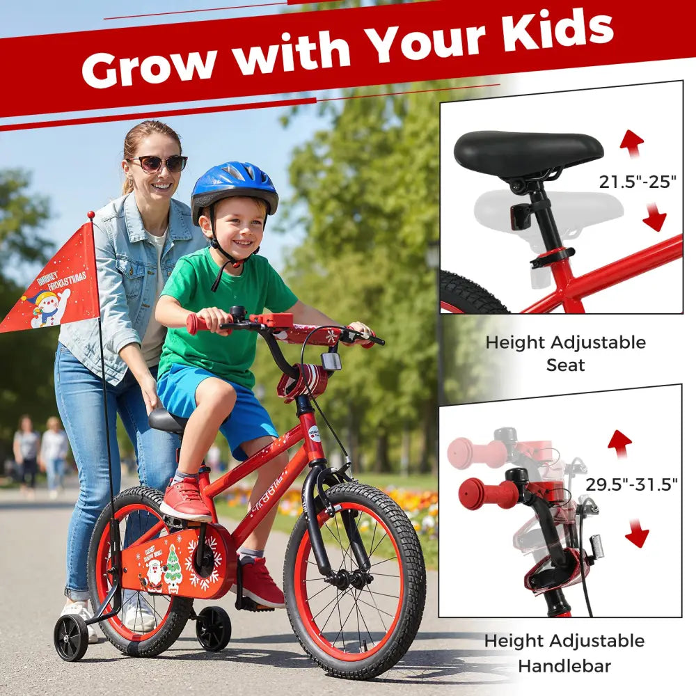 16 Inch Kids Bike Adjustable with Christmas Music & Flag for Aged 4-7 Years Old - Red - Kids Bike