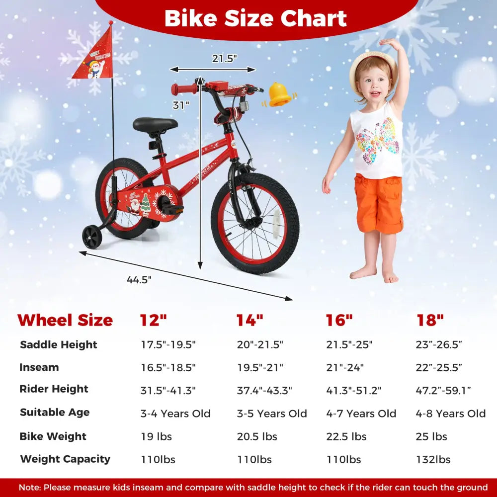 16 Inch Kids Bike Adjustable with Christmas Music & Flag for Aged 4-7 Years Old - Red - Kids Bike