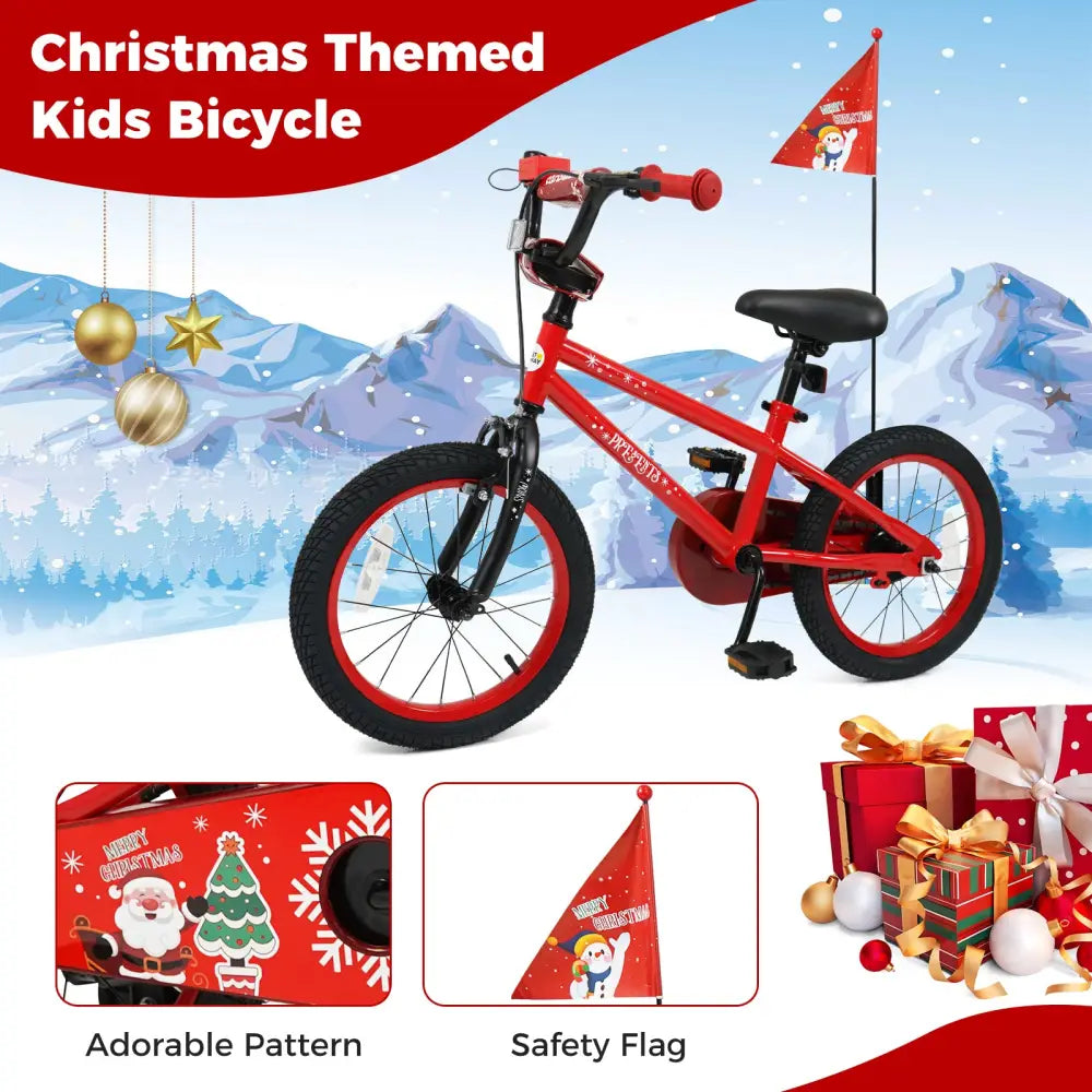 16 Inch Kids Bike Adjustable with Christmas Music & Flag for Aged 4-7 Years Old - Red - Kids Bike