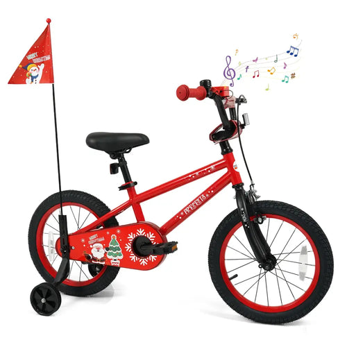 16 Inch Kids Bike Adjustable with Christmas Music & Flag for Aged 4-7 Years Old - Red - Kids Bike