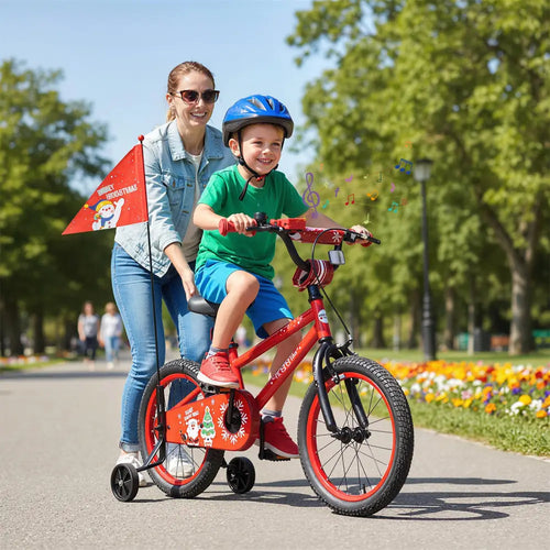 16 Inch Kids Bike Adjustable with Christmas Music & Flag for Aged 4-7 Years Old - Red - Kids Bike