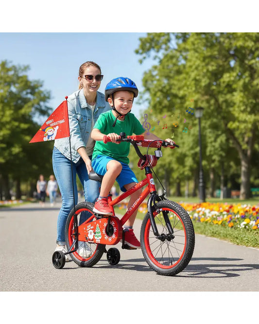 16 Inch Kids Bike Adjustable with Christmas Music & Flag for Aged 4-7 Years Old - Red - Kids Bike