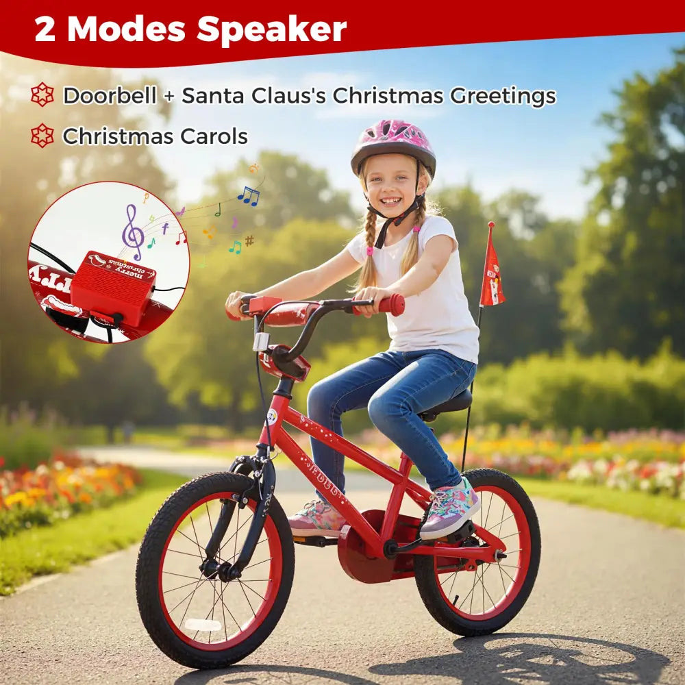 16 Inch Kids Bike Adjustable with Christmas Music & Flag for Aged 4-7 Years Old - Red - Kids Bike