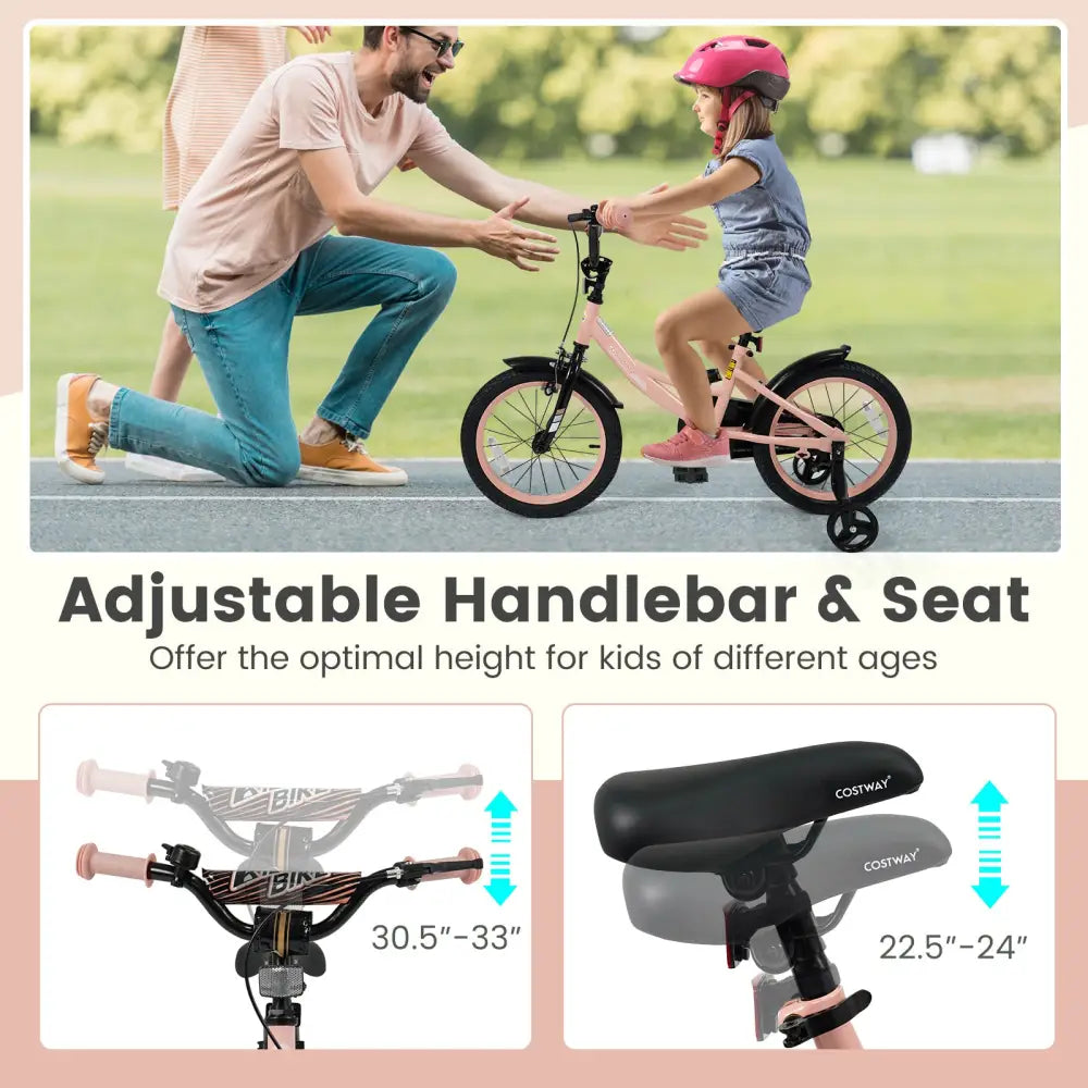 16 Inch Kids Bike Adjustable with Removable Training Wheels Pink for 3-8 Years Old - Pink - Kids Bike
