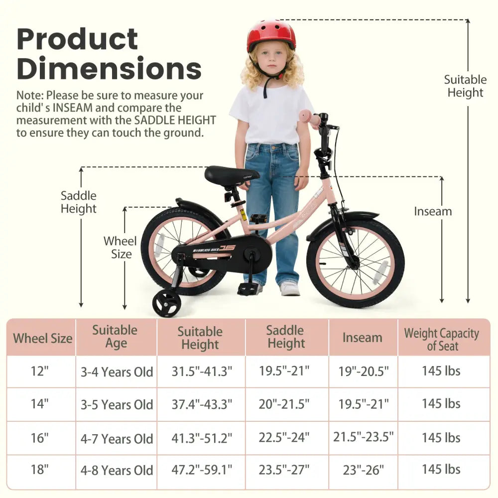 16 Inch Kids Bike Adjustable with Removable Training Wheels Pink for 3-8 Years Old - Pink - Kids Bike
