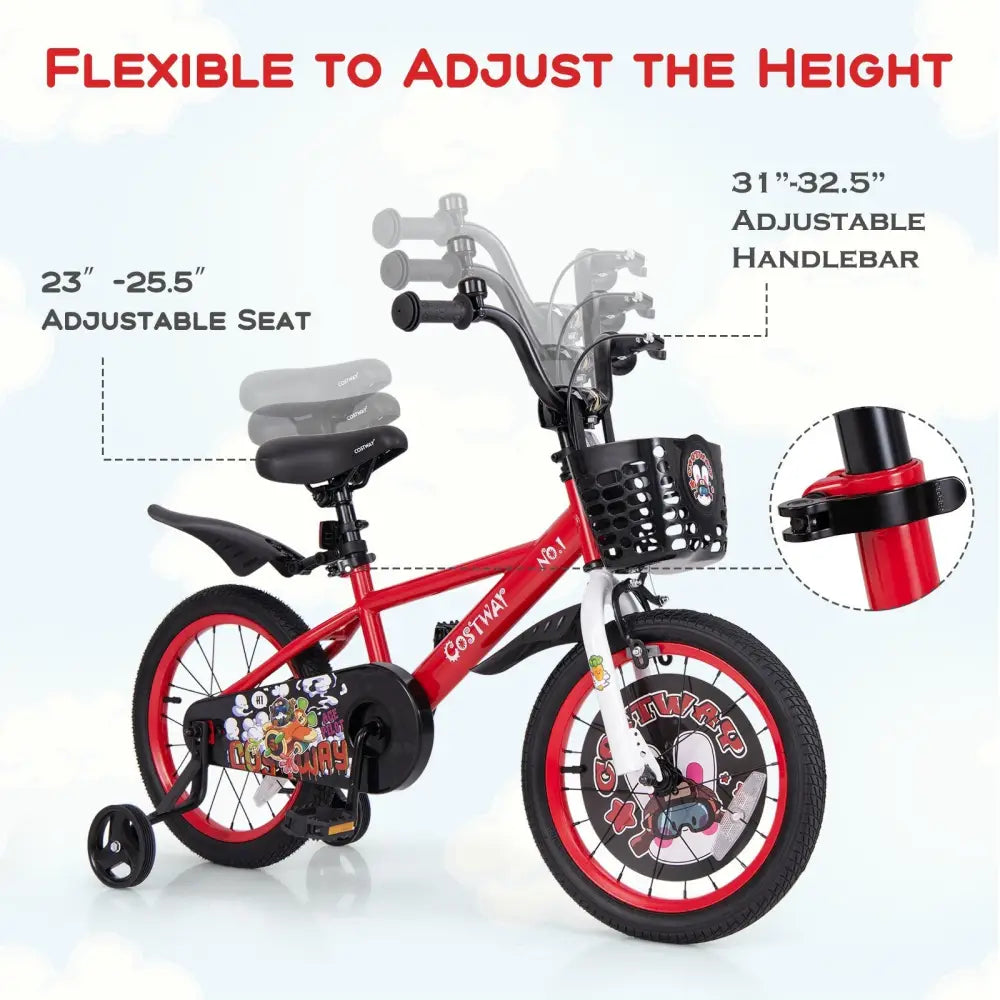 16 Inch Kids Bike Adjustable with Storage Basket and Double Brake for 4 - 8 Years Old - 16 inches - Oasis Home Essentials