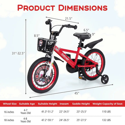 16 Inch Kids Bike Adjustable with Storage Basket and Double Brake for 4 - 8 Years Old - 16 inches - Oasis Home Essentials
