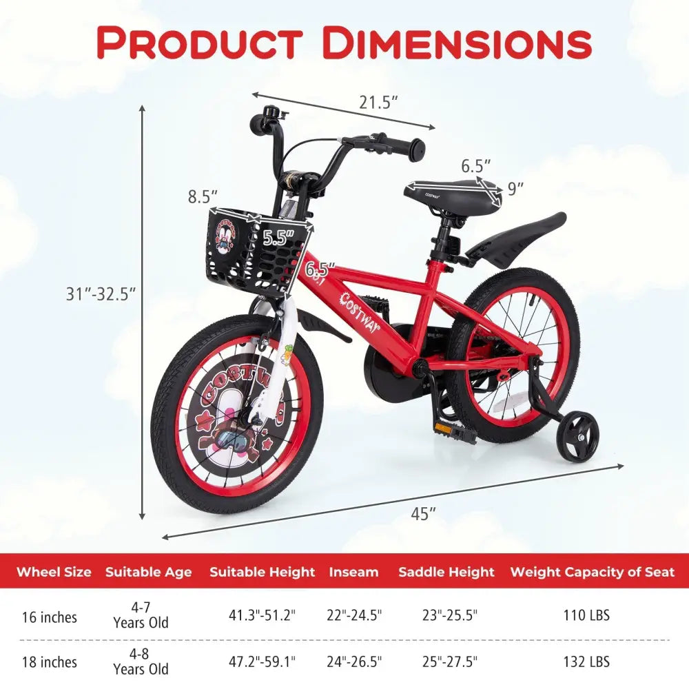16 Inch Kids Bike Adjustable with Storage Basket and Double Brake for 4 - 8 Years Old - 16 inches - Oasis Home Essentials