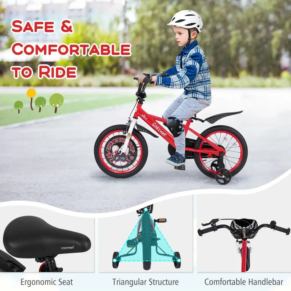 16 Inch Kids Bike Adjustable with Storage Basket and Double Brake for 4 - 8 Years Old - 16 inches - Oasis Home Essentials