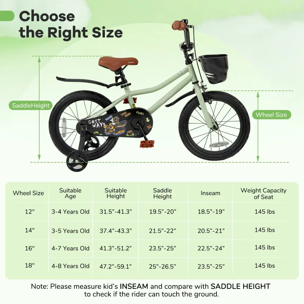 16-Inch Kids Bike Adjustable with Training Wheels for 4-7 Years Old - Green - Kids Bike