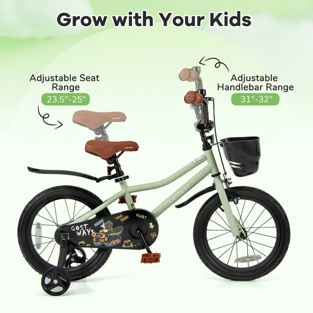 16-Inch Kids Bike Adjustable with Training Wheels for 4-7 Years Old - Green - Kids Bike