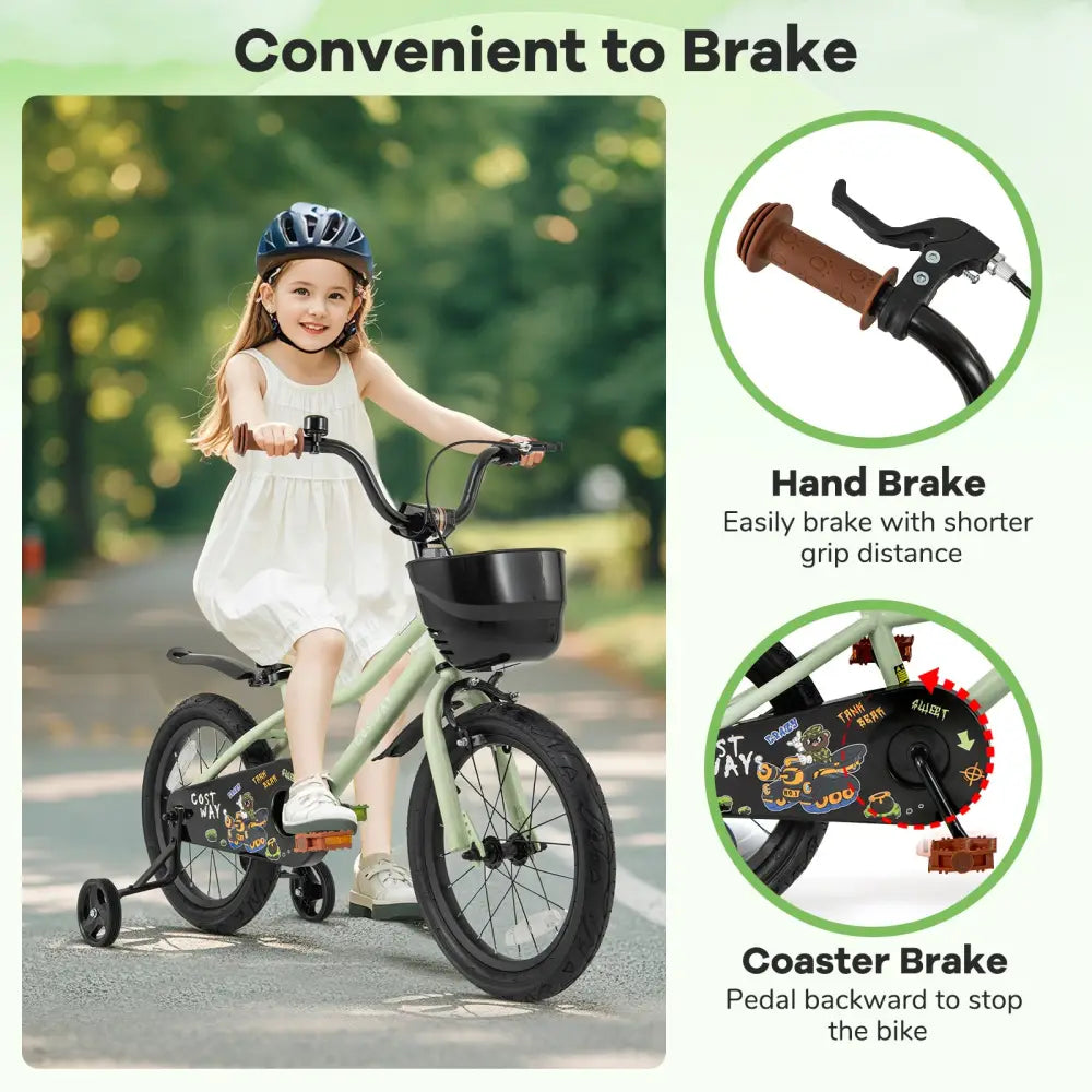 16-Inch Kids Bike Adjustable with Training Wheels for 4-7 Years Old - Green - Kids Bike