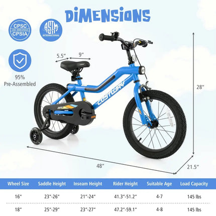 16 Inch Kids Bike LED Lighted Adjustable with Training Wheels for 4 - 7 Years Old Kids - 16 inches - Oasis Home Essentials