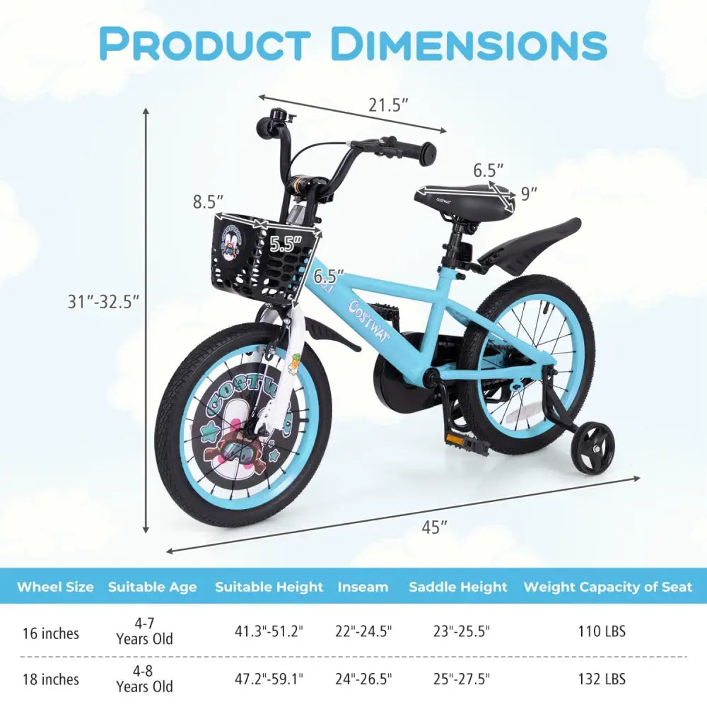 16 Inch Kids Bike with Adjustable Handlebar and Saddle for 4 - 8 Years Old - 16 inches - Oasis Home Essentials