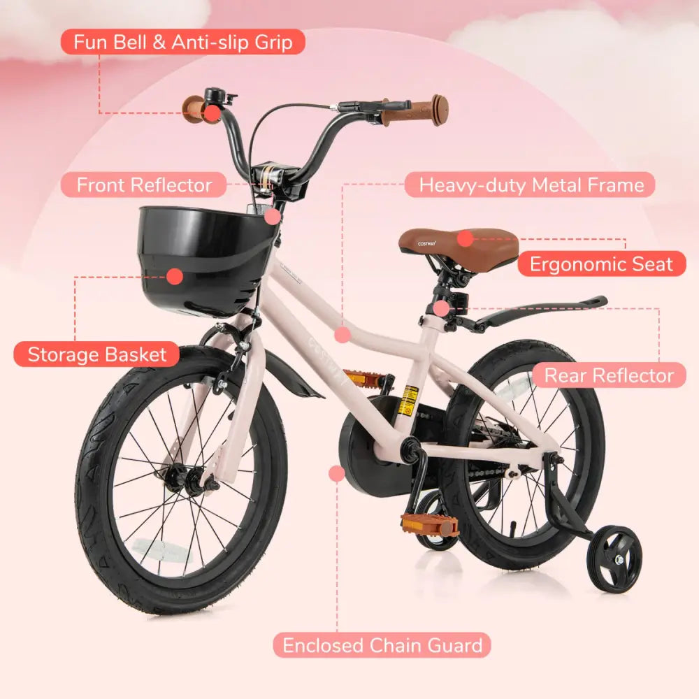 16-Inch Kids Bike with Basket and Adjustable Handlebar for 4-7 Years Old - Pink - Kids Bike