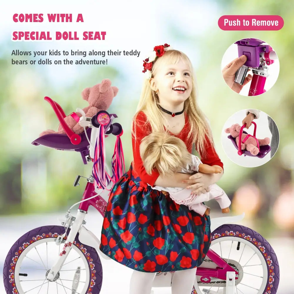 16 Inch Kids Bike with Doll Seat and Removable Training Wheels-16 inches - Pink & Purple - Kids Bike
