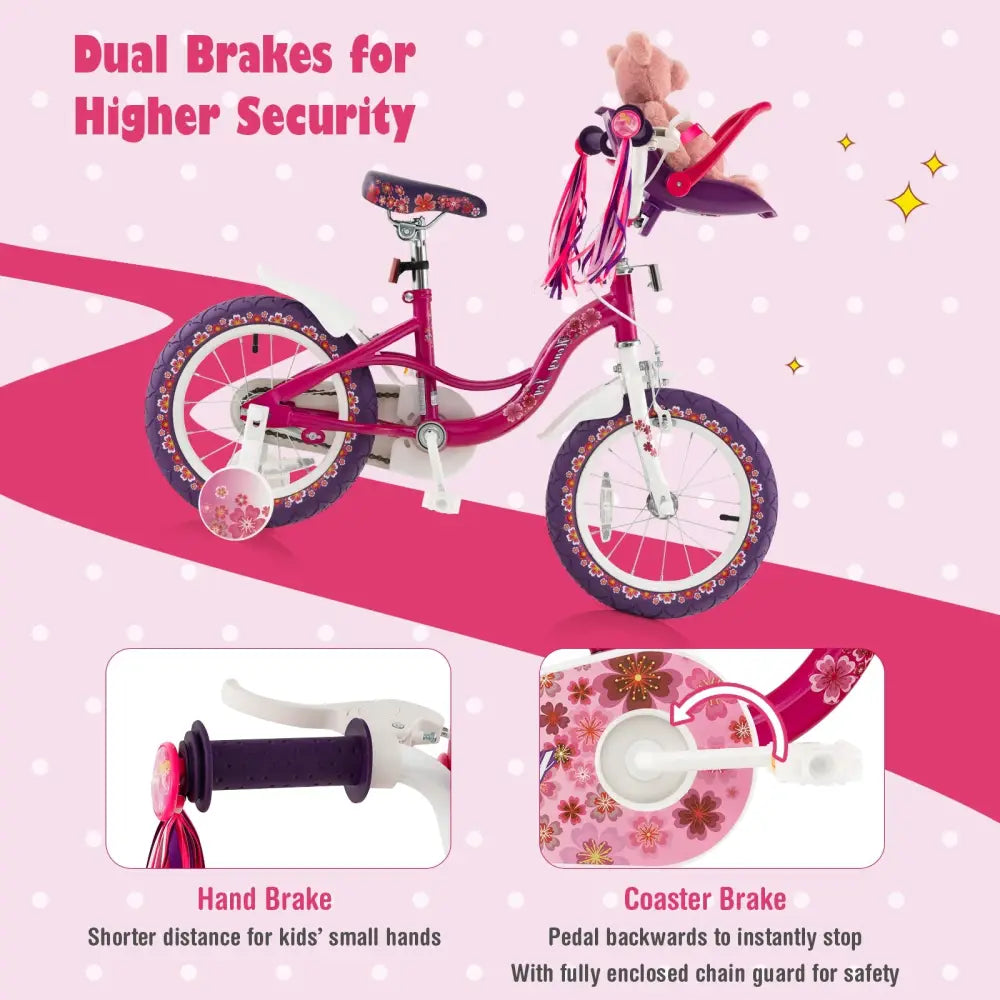 16 Inch Kids Bike with Doll Seat and Removable Training Wheels-16 inches - Pink & Purple - Kids Bike