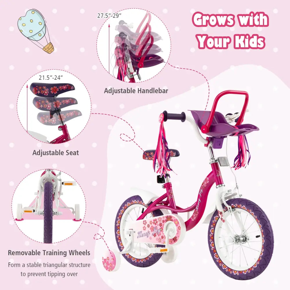 16 Inch Kids Bike with Doll Seat and Removable Training Wheels-16 inches - Pink & Purple - Kids Bike