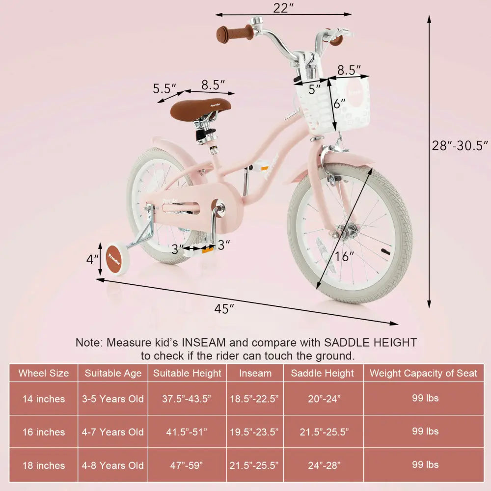 16 Inch Kids Bike with Front Handbrake and 2 Training Wheels-Pink - Pink - Kids Bike