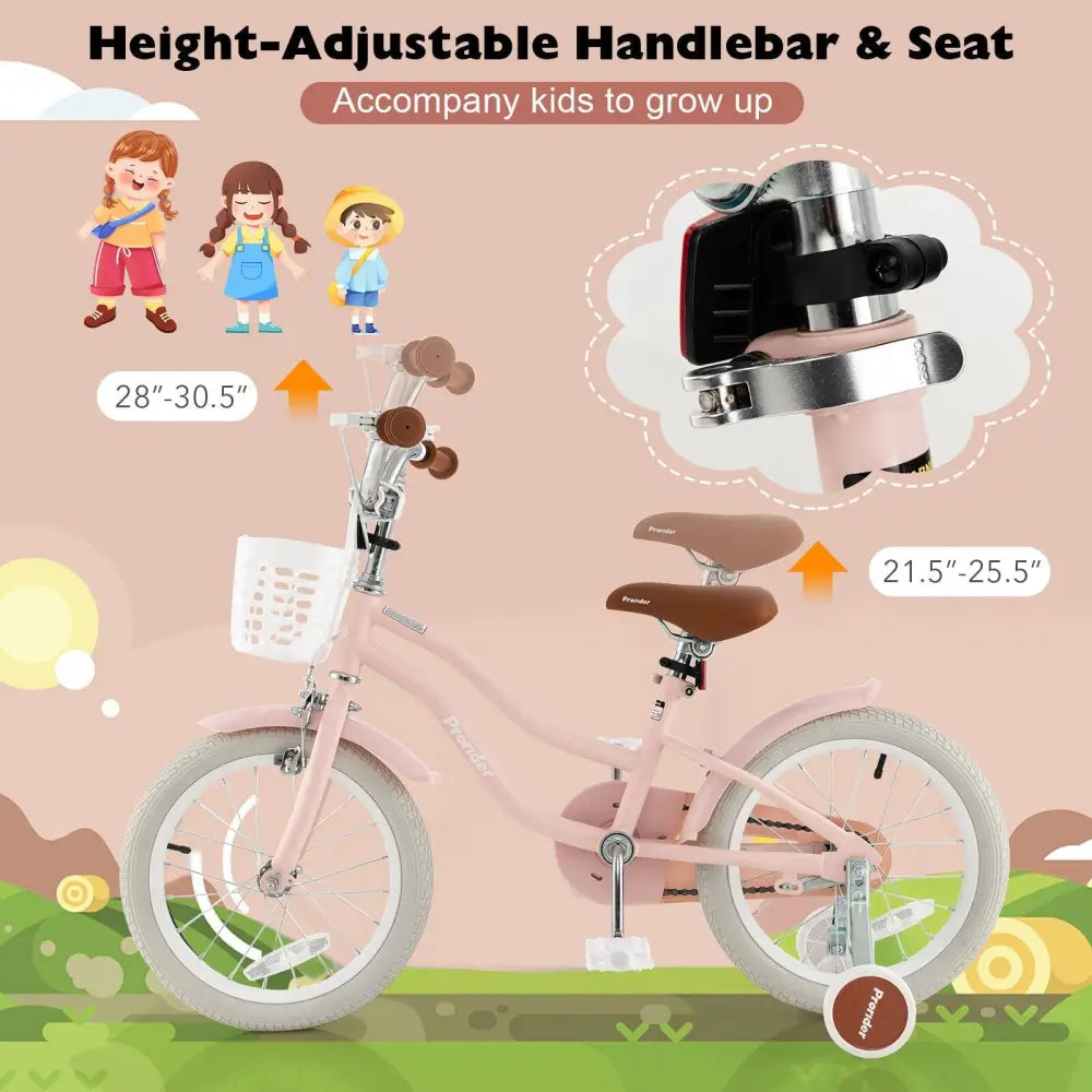 16 Inch Kids Bike with Front Handbrake and 2 Training Wheels - Pink - Oasis Home Essentials