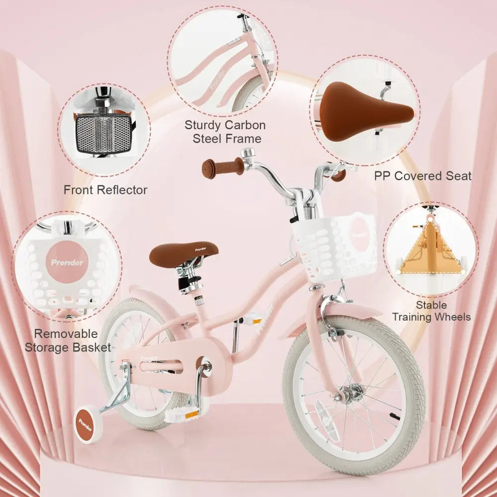 16 Inch Kids Bike with Front Handbrake and 2 Training Wheels - Pink - Oasis Home Essentials